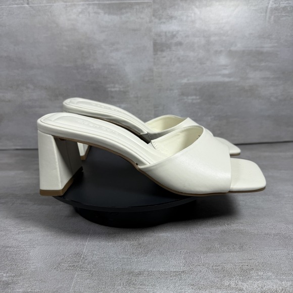 Open Edit Shoes Womens Size 4M White Block Heel Slip On Sandals Square Toe Mules - Picture 1 of 13